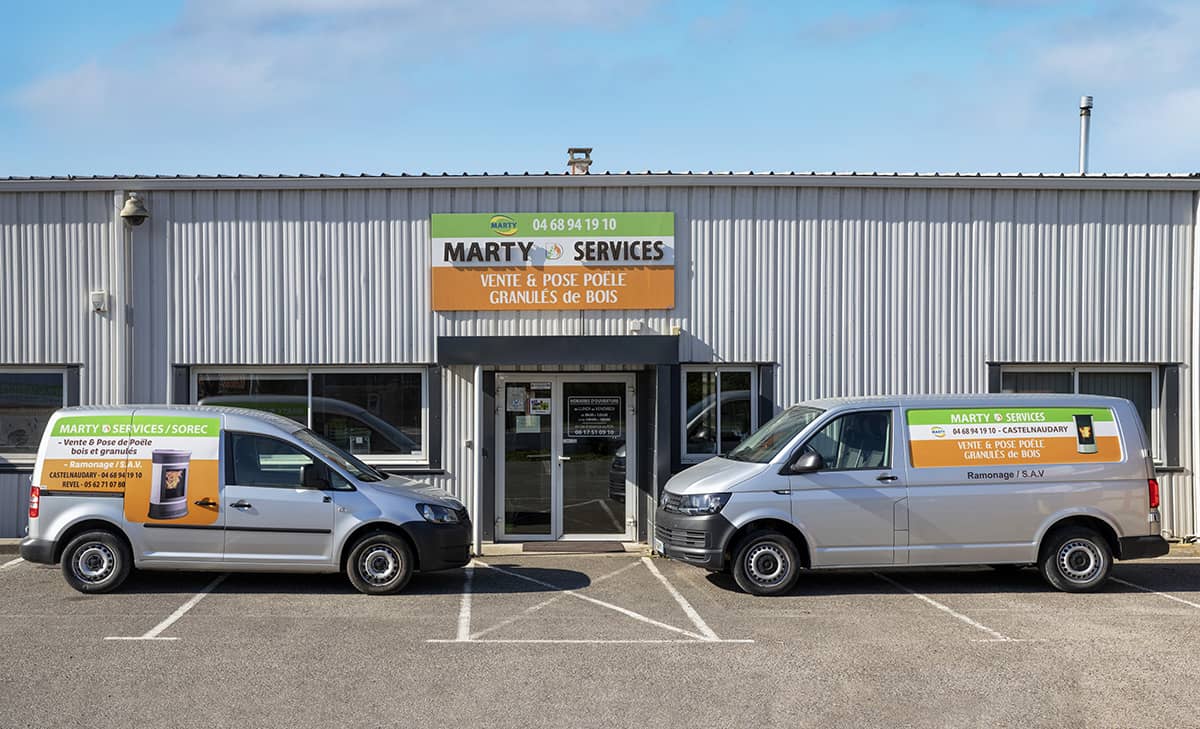 marty services cars with brand sticker