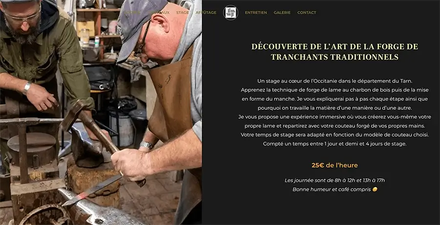 page stage de forge du site web l'atelier les 4 éléments