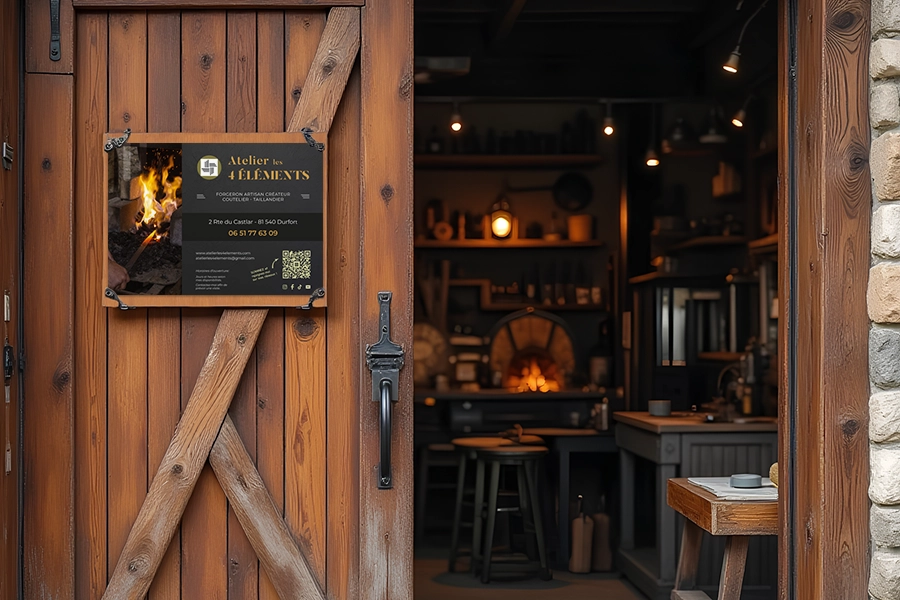 mockup pancarte forgeron sur porte
